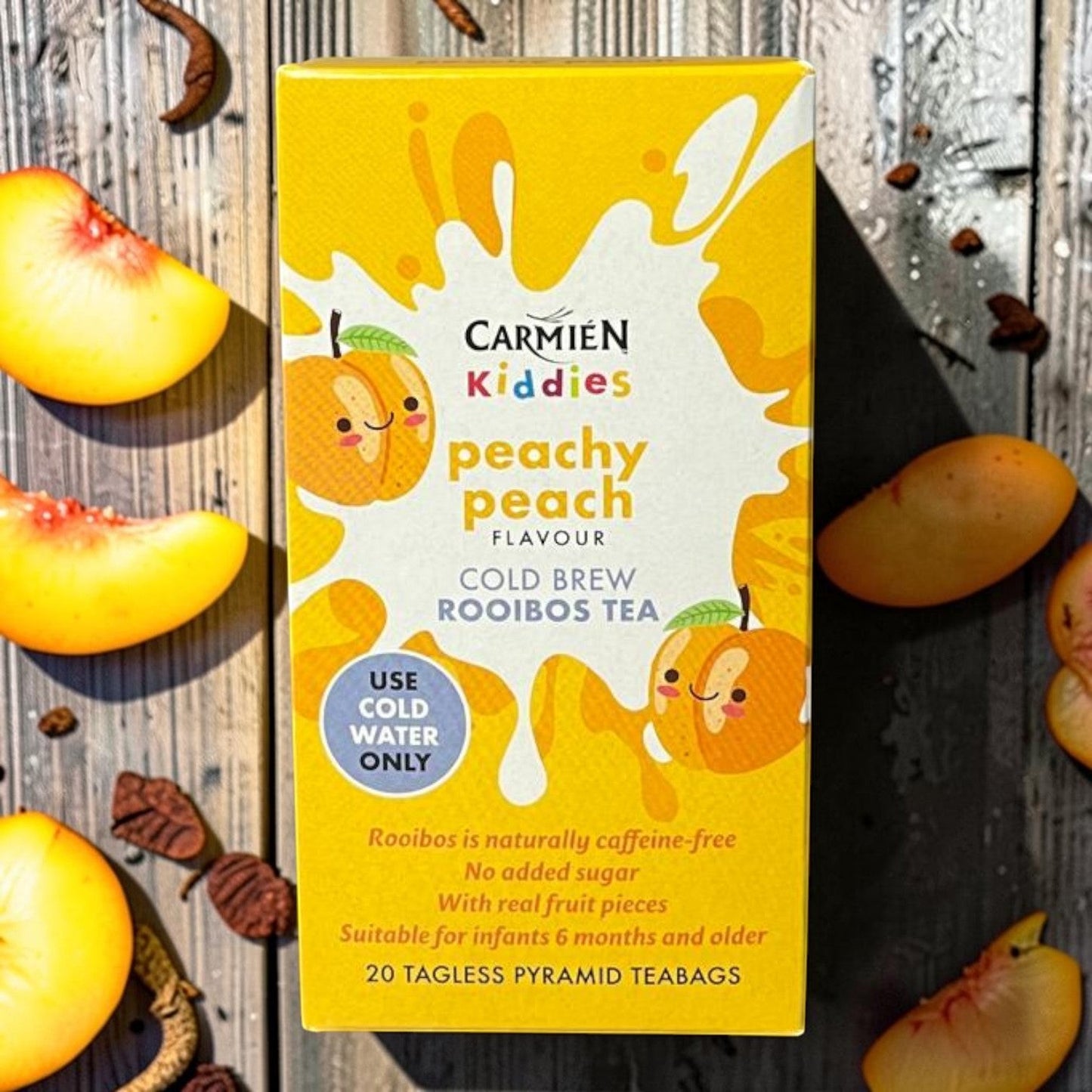 Die Spens Clarens Carmien Kiddies Peachy Peach cold brew rooibos tea box with 20 tagless teabags, no added sugar, suitable for infants 6 months+