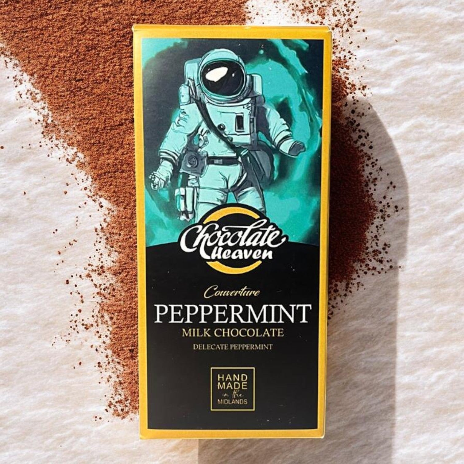 Die Spens Clarens Chocolate Heaven Peppermint Milk Chocolate bar with 34% cocoa and astronaut graphic. Hand-made in the Midlands.