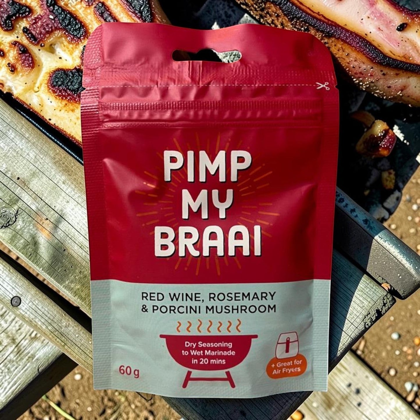 Die Spens Clarens Pimp My Braai Red Wine, Rosemary & Porcini Mushroom dry seasoning packet. Makes a wet marinade in 20 mins.