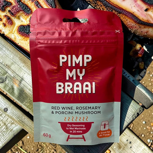 Die Spens Clarens Pimp My Braai Red Wine, Rosemary & Porcini Mushroom dry seasoning packet. Makes a wet marinade in 20 mins.