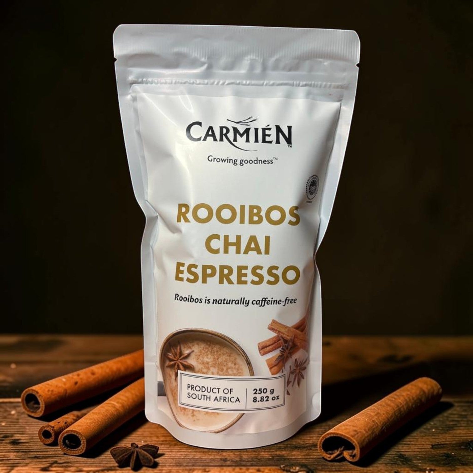 Die Spens Clarens Carmien Rooibos Chai Espresso pouch, caffeine-free alternative to coffee with natural rooibos and spices.