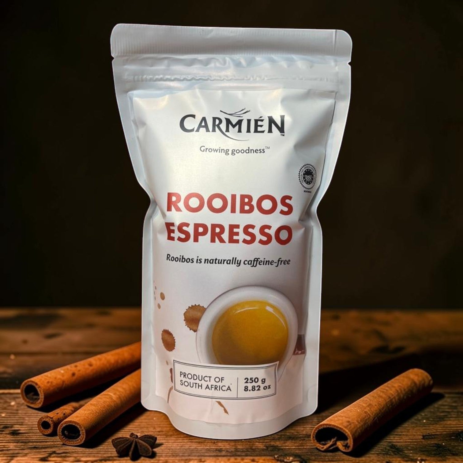 Die Spens Clarens Carmien Rooibos Espresso pouch, a caffeine-free alternative to coffee with a smooth, strong flavour.