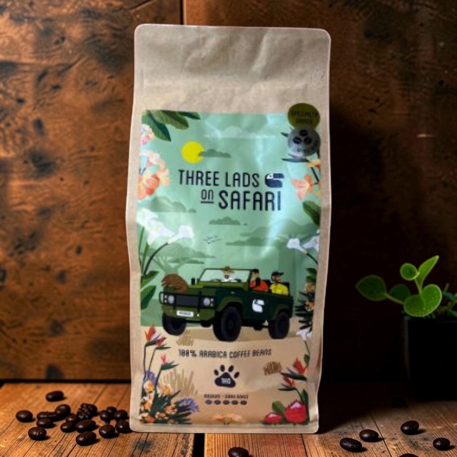Die Spens Clarens Three Lads On Safari 100% Arabica coffee beans in a bag with a safari jeep illustration.
