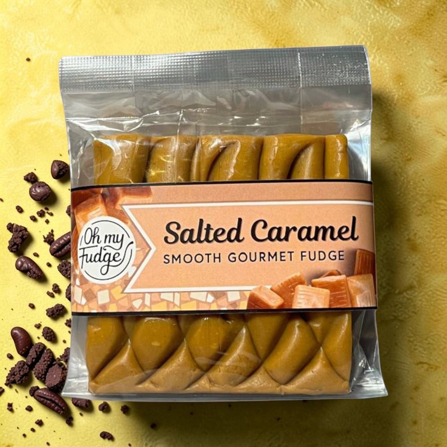 Die Spens Clarens Oh My Fudge Salted Caramel Smooth Gourmet Fudge 4 block pack with a rich caramel colour and diamond pattern.