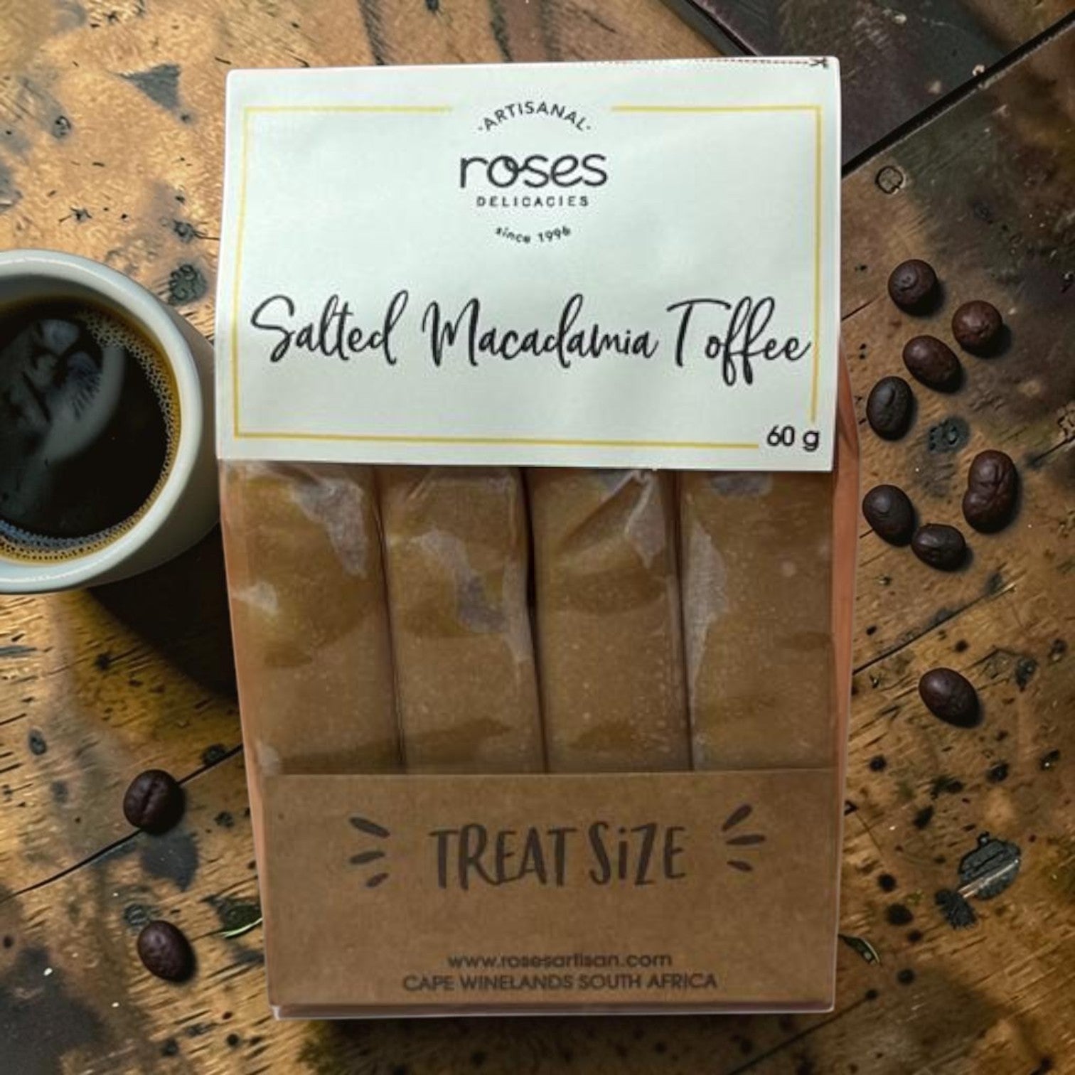Die Spens Clarens Roses Artisanal Salted Macadamia Toffee, individually wrapped treat-sized pieces with macadamia nuts and sea salt.