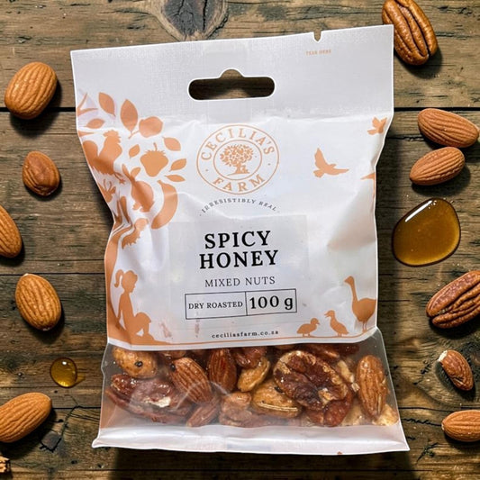 Die Spens Clarens Spicy Honey Mixed Nuts, dry-roasted almonds and pecans with honey and spice.