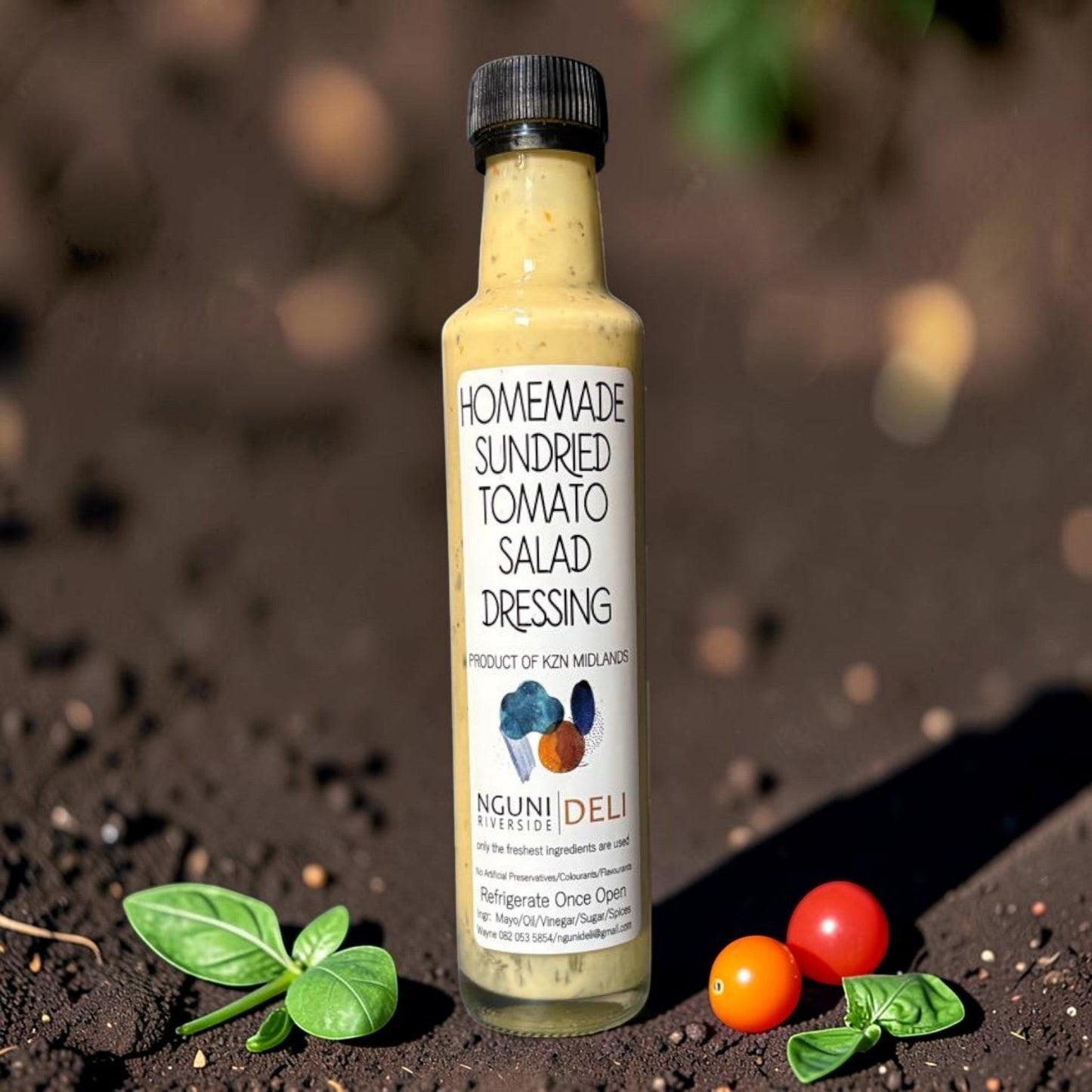 Die Spens Clarens homemade sundried tomato salad dressing in a glass bottle with a black cap, garnished with fresh basil and cherry tomatoes.