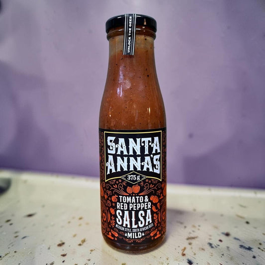 Die Spens Clarens Santa Annas Tomato & Red Pepper Salsa bottle, mild Mexican style with South African flair.