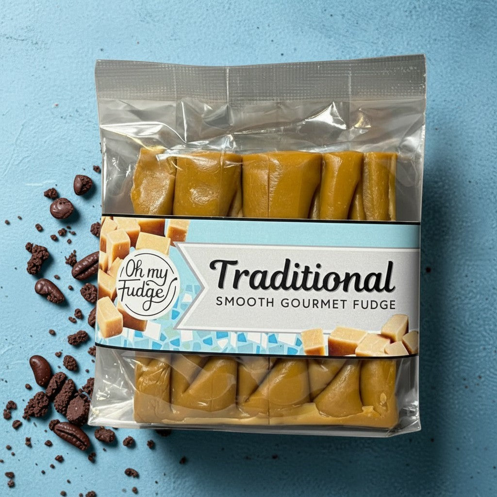 Die Spens Clarens Oh My Fudge Traditional Smooth Gourmet Fudge 4 block pack with chocolate pieces scattered around.