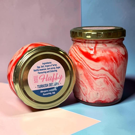 Die Spens Clarens Karoo Blessing Turkish Delight Fluffy with red swirls in a glass jar.