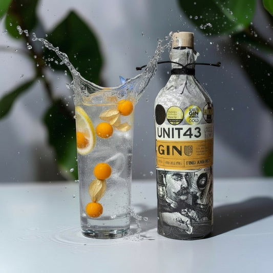 Die Spens Clarens Unit 43 Original Gin bottle next to a tall glass of gin and tonic with ice, lemon, and physalis berries.