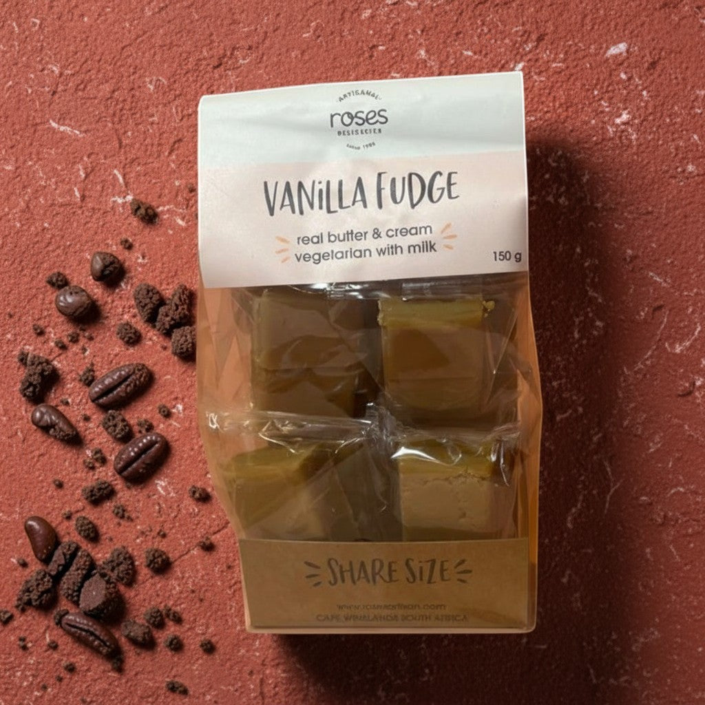 Die Spens Clarens artisanal vanilla fudge share bag, 150g. Creamy, buttery, vegetarian fudge made with real butter and cream.