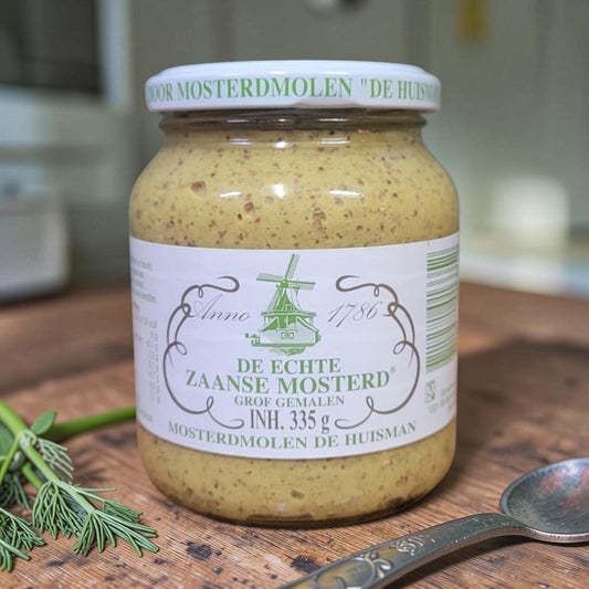 Die Spens Clarens jar of coarse-ground Zaanse mustard with a traditional Dutch windmill label.