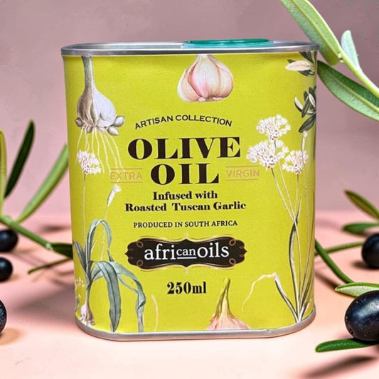 Die Spens Clarens Roasted Tuscan Garlic Extra Virgin Olive Oil in a 250ml tin with botanical illustrations.