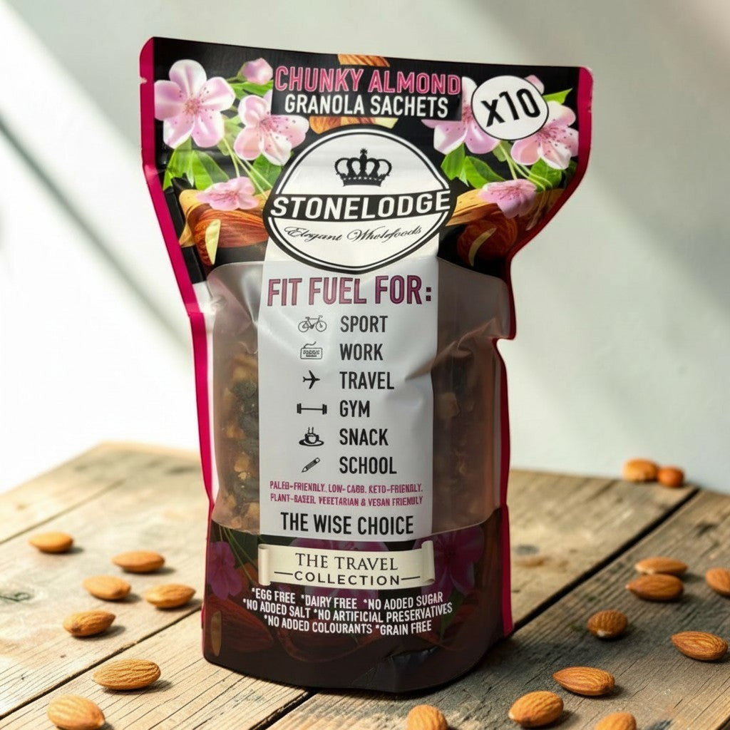 Die Spens Clarens Stonelodge Chunky Almond Granola Sachets, a travel collection of 10 paleo-friendly, keto-friendly, vegan sachets.