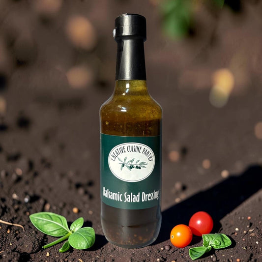 Die Spens Clarens Balsamic Salad Dressing in a glass bottle with a black cap, surrounded by fresh basil and cherry tomatoes on dark soil.