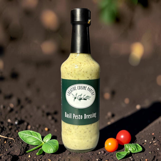 Die Spens Clarens Basil Pesto Dressing in a glass bottle with a black cap, surrounded by basil leaves and cherry tomatoes on dark soil.