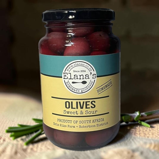 Die Spens Clarens Elana's Sweet & Sour Olives in a glass jar, product of South Africa.
