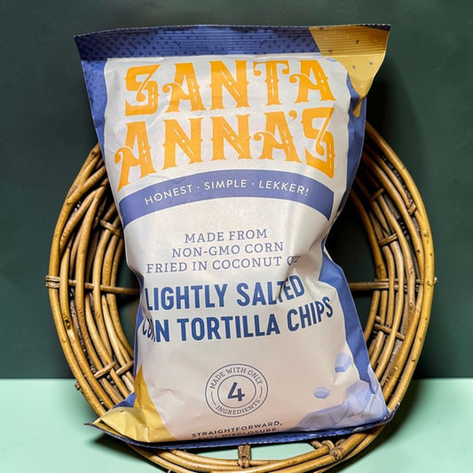 Die Spens Clarens Santa Annas lightly salted corn tortilla chips bag, made with non-GMO corn and fried in coconut oil.