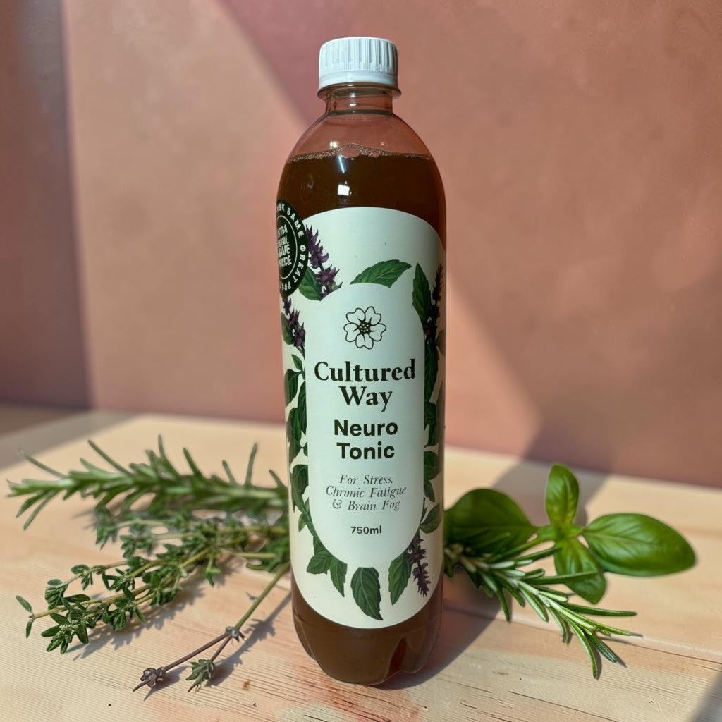 Die Spens Clarens Cultured Way Neuro Tonic bottle with herbs, for stress, chronic fatigue, and brain fog.