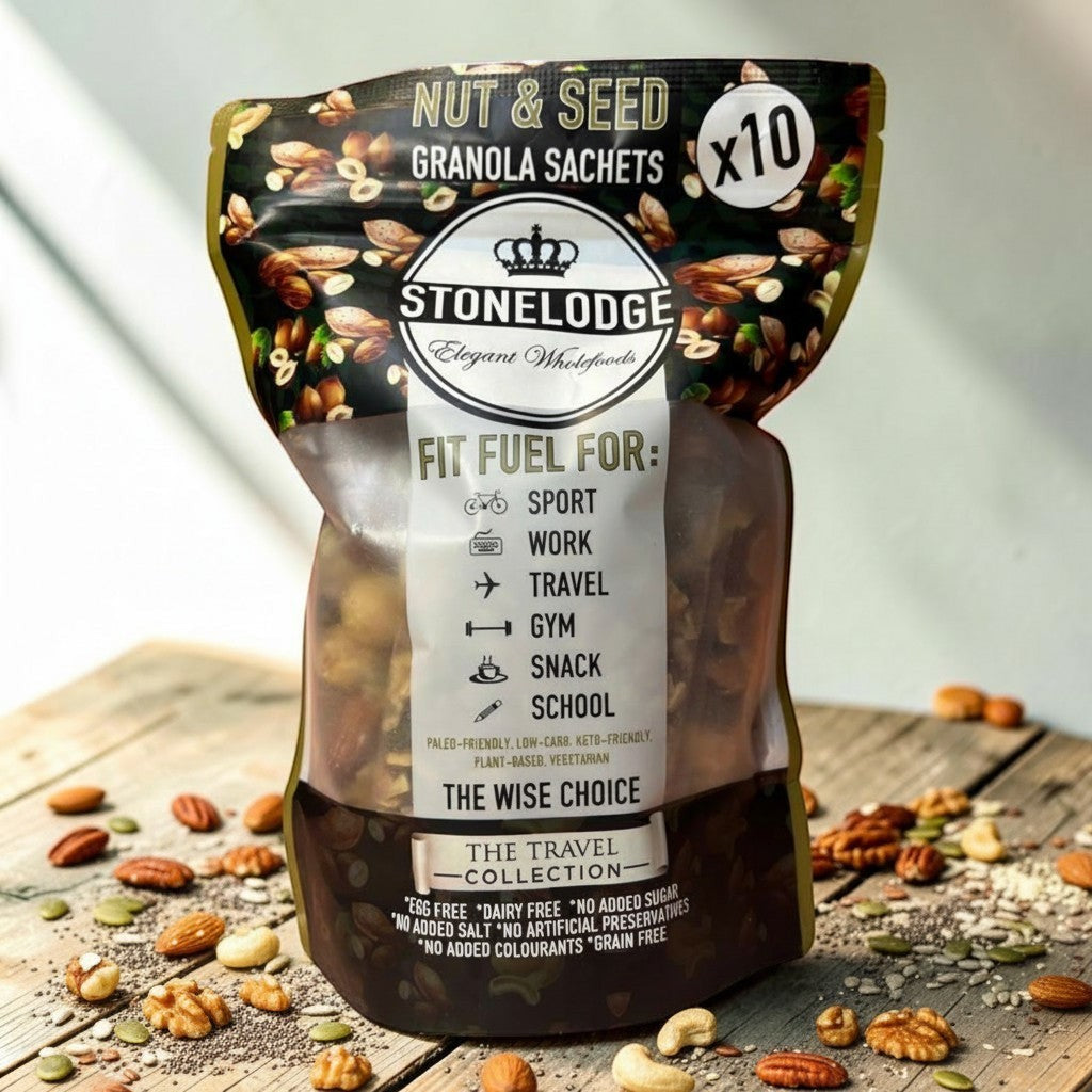 Die Spens Clarens Stonelodge Nut & Seed Granola Sachets, 10 pack. Paleo-friendly, low-carb, keto-friendly.