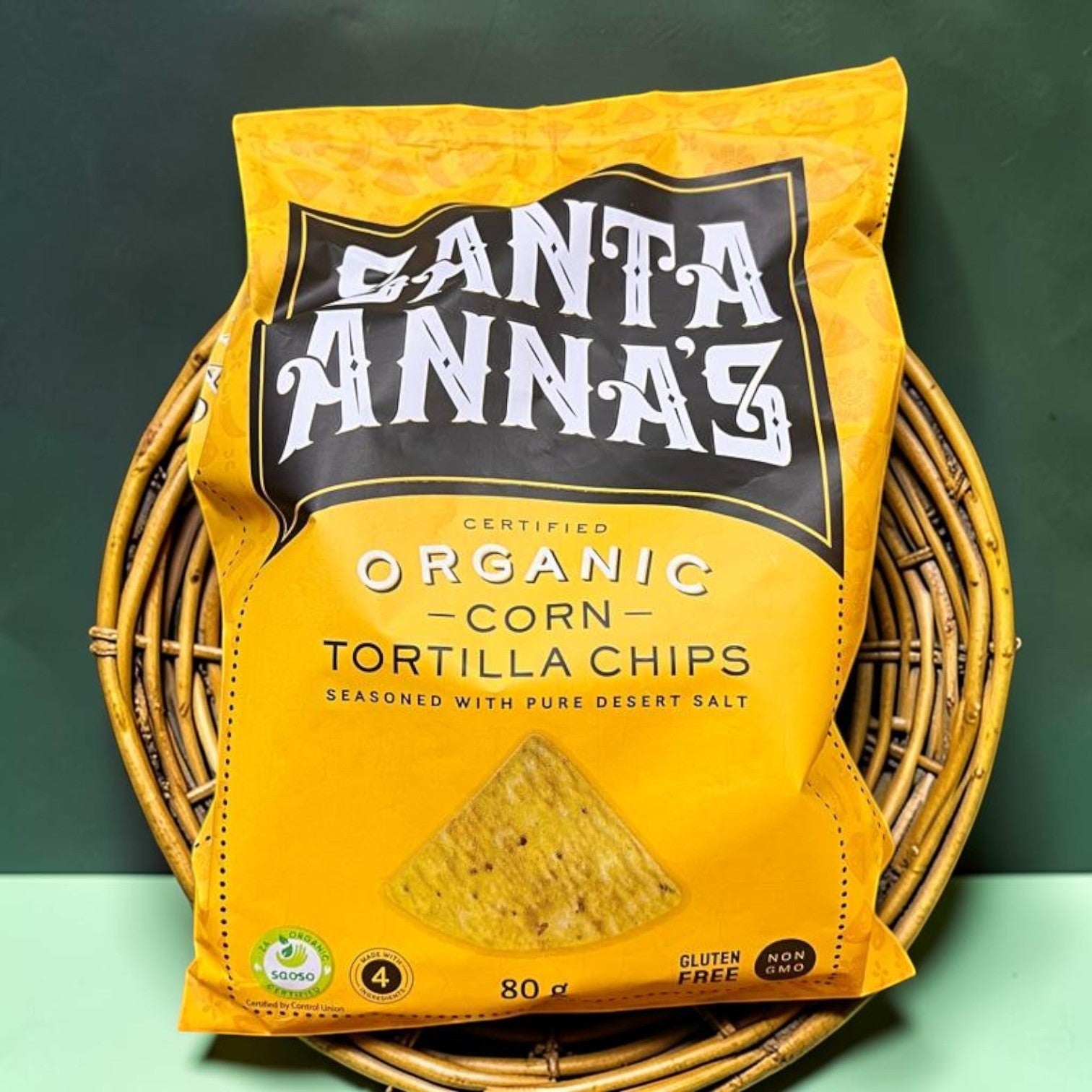 Die Spens Clarens Santa Annas organic corn tortilla chips bag, seasoned with desert salt, gluten-free and non-GMO.