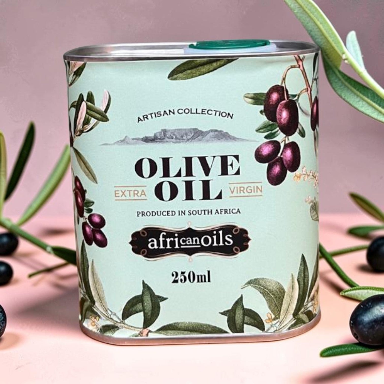 Die Spens Clarens Artisan Collection Extra Virgin Olive Oil in a 250ml tin, produced in South Africa. Features olive branches and fruit.