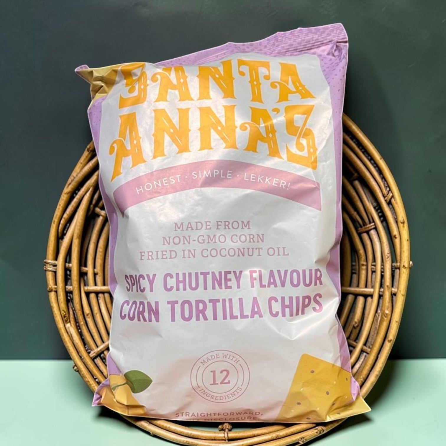 Die Spens Clarens Santa Annas Spicy Chutney Corn Tortilla Chips bag, made from non-GMO corn and fried in coconut oil.