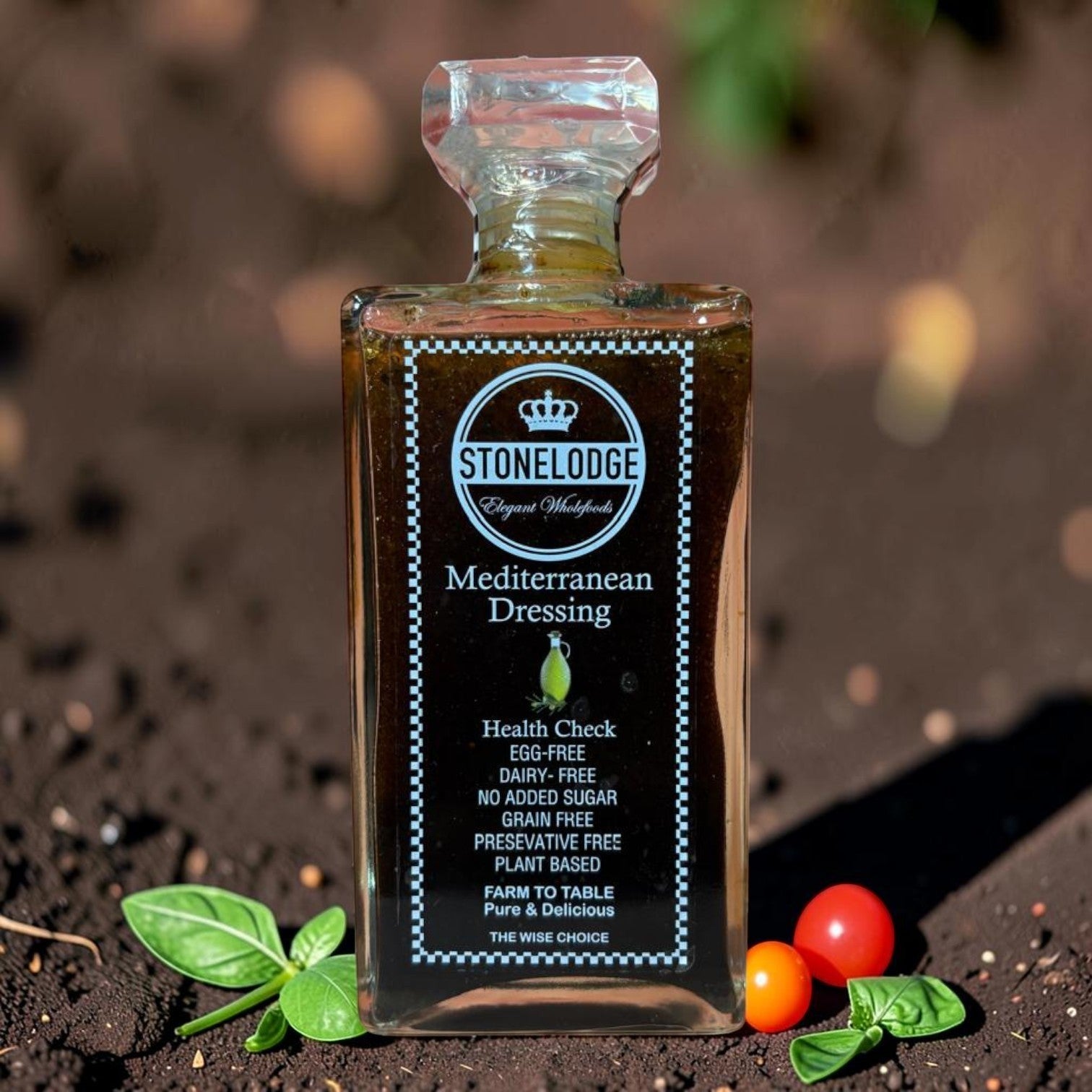 Die Spens Clarens Stonelodge Mediterranean Dressing bottle, plant-based, egg-free, dairy-free, no added sugar, grain-free, preservative-free.