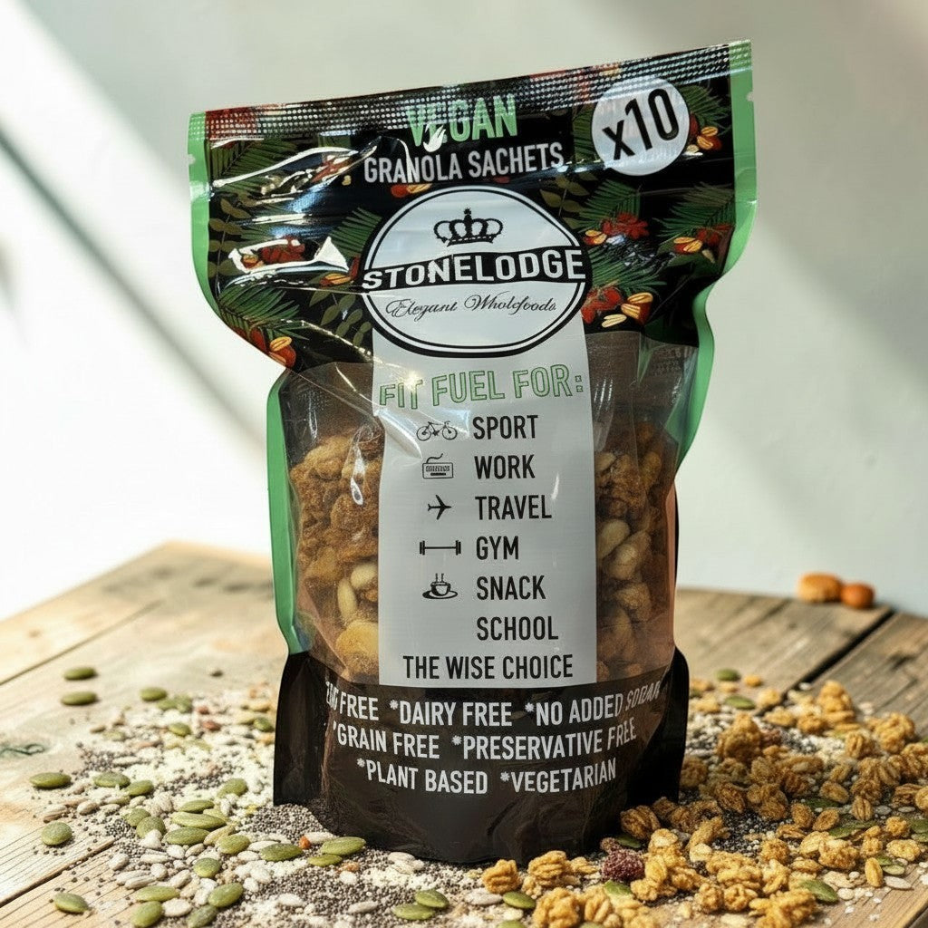 Die Spens Clarens Stonelodge vegan granola sachets, 10 pack. Grain, dairy, sugar, and preservative-free plant-based wholefoods.