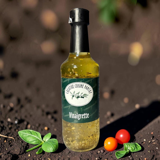 Die Spens Clarens Creative Cuisine Vinaigrette bottle with herbs and oil, garnished with basil and cherry tomatoes on soil.