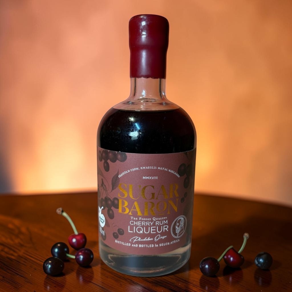 Die Spens Clarens Sugar Baron Cherry Rum Liqueur, a deep ruby coloured liqueur with a maroon wax seal and label featuring cherries.
